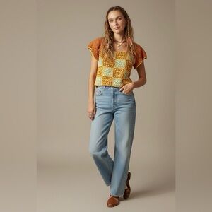 CIRCUS NY Crochet Patchwork Orange Boho Top Womens L Knit Hippie Festival Granny